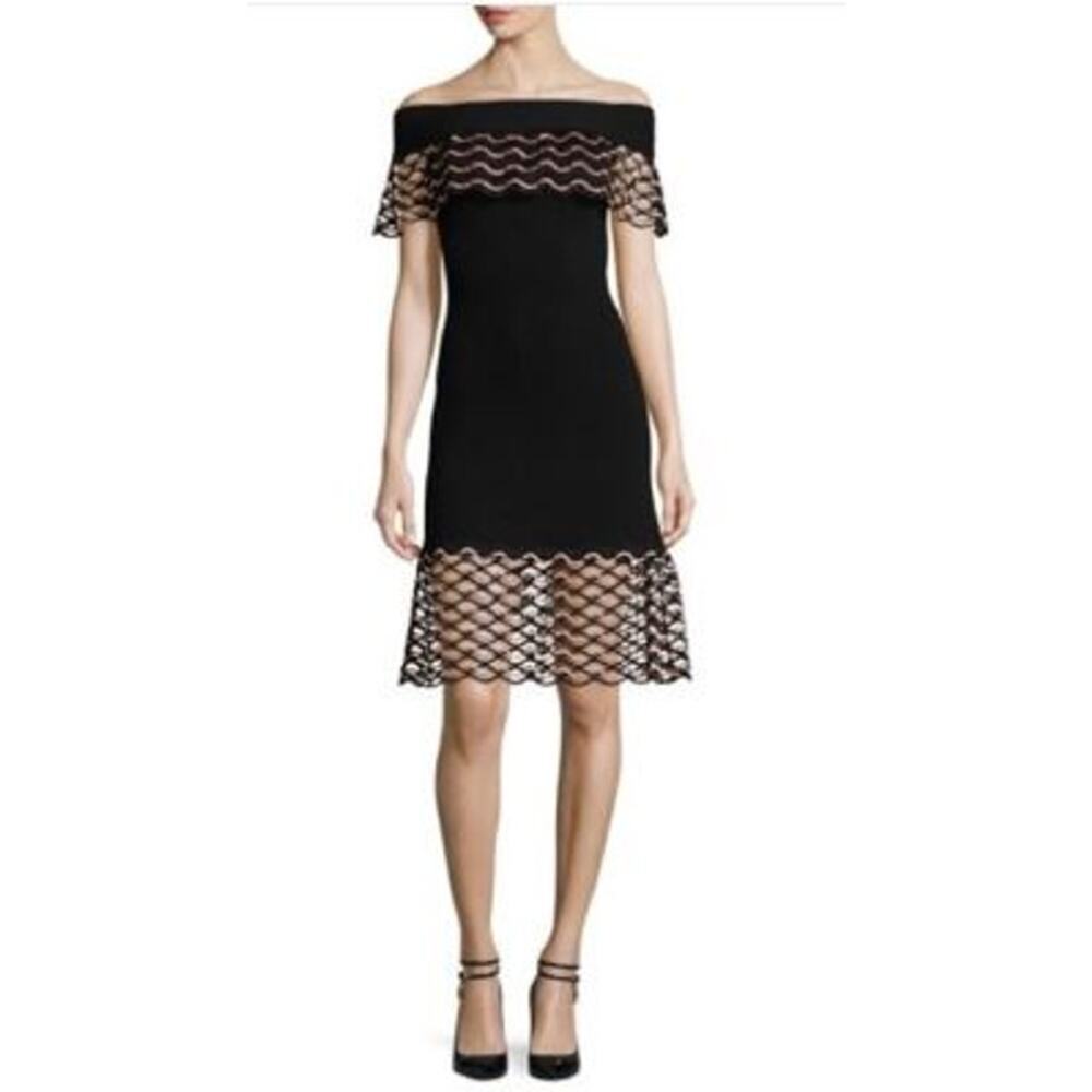 Lela Rose Size Medium Wave Lace Off The Shoulder Sweater Dress Black Wool